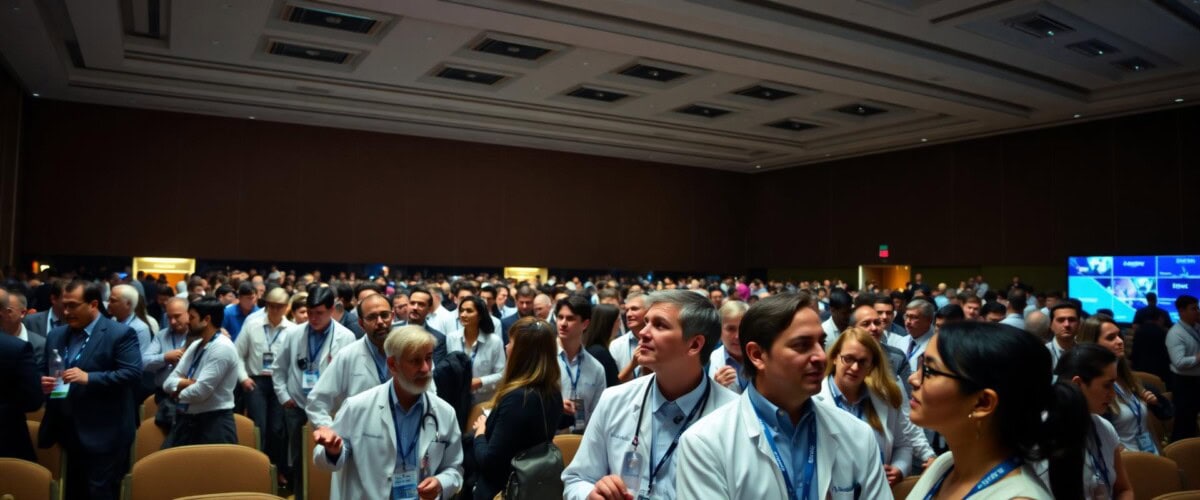 A large crowd of people, many wearing white coats and blue lanyards, gathers in a conference hall with rows of seats and a high ceiling.